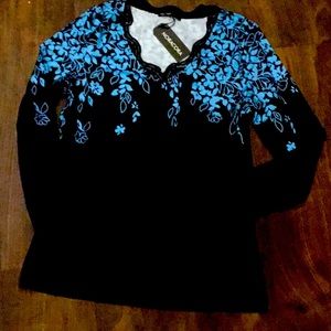 Black and Blue Floral Flowered Top with Lace Trimmed Neckline